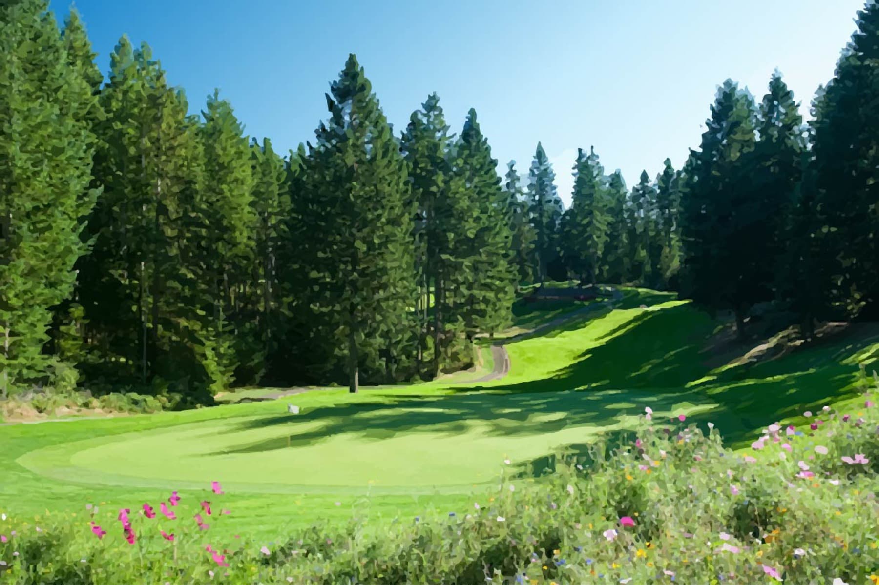 A wooded green tucked into Gold Mountain's Cascade valley
