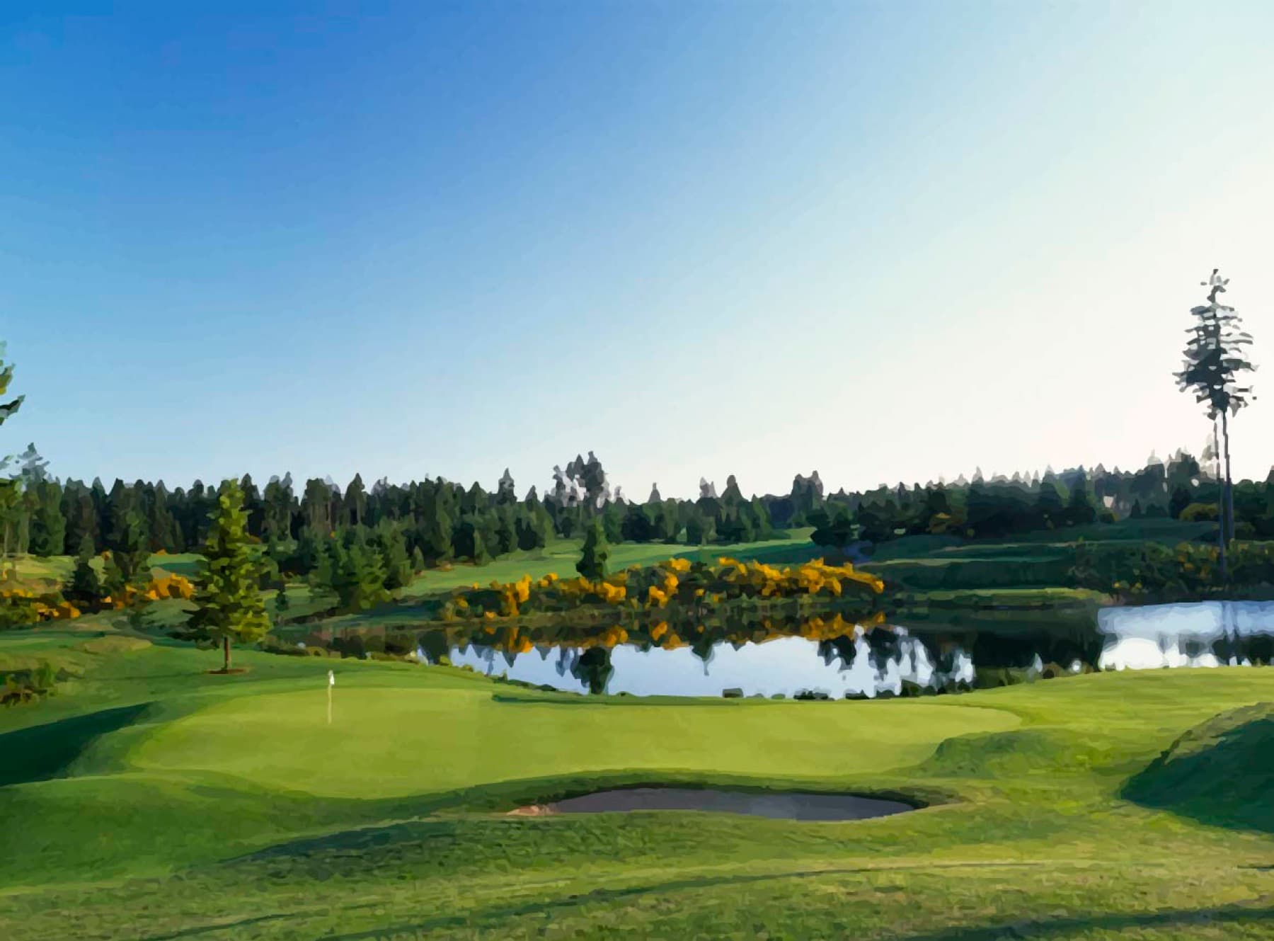 the fairway and pond at Gold Mountain’s Olympic Course