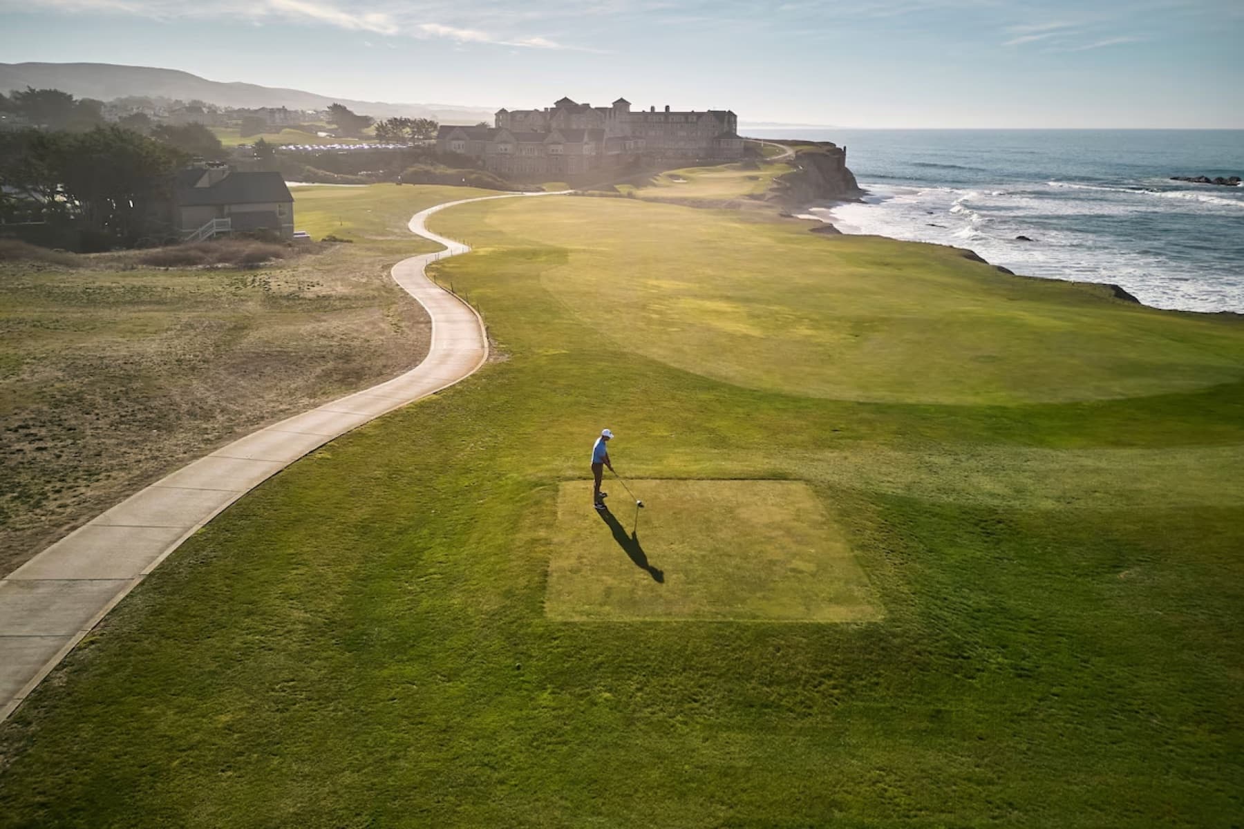 The Old Course's clifftop closing stretch running toward the Ritz-Carlton on the point.