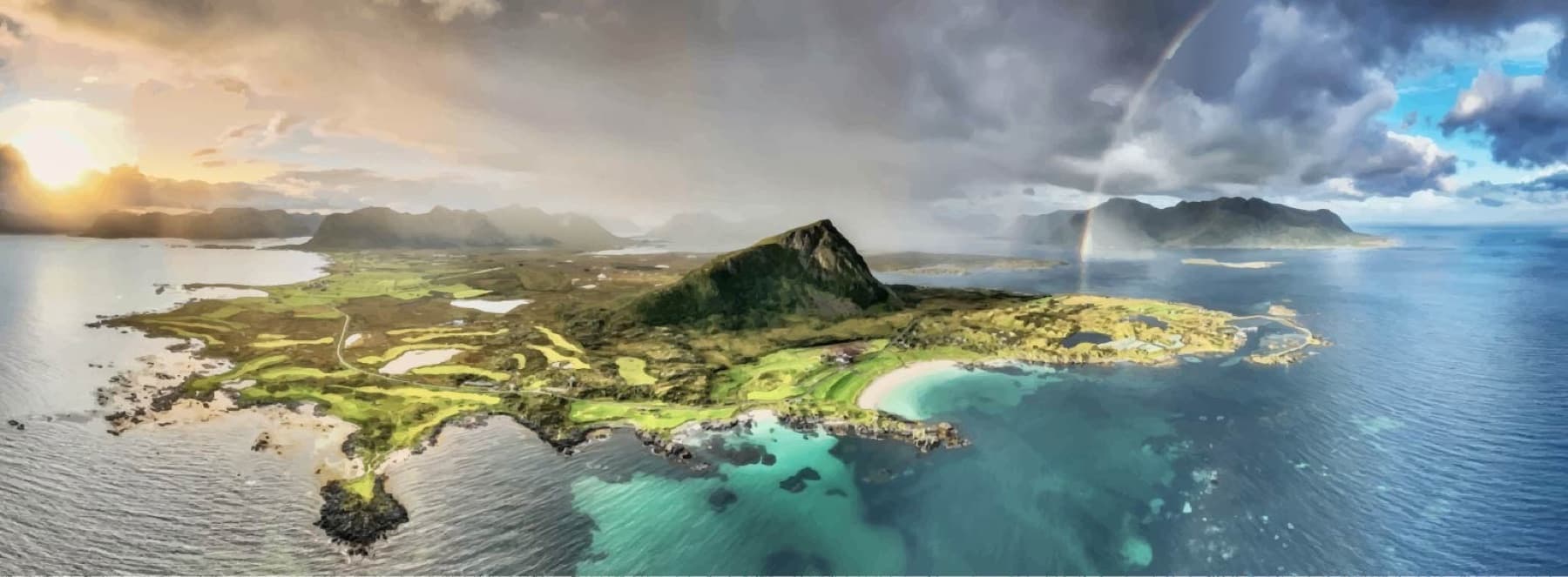 the island course from above—rainbow included