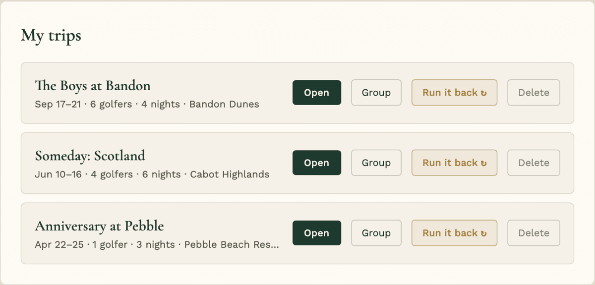 Your trips on the account page—every itinerary, one shelf